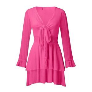 NEW Front Tie Knot Pink Ruffled Mini Dress Barbie core L